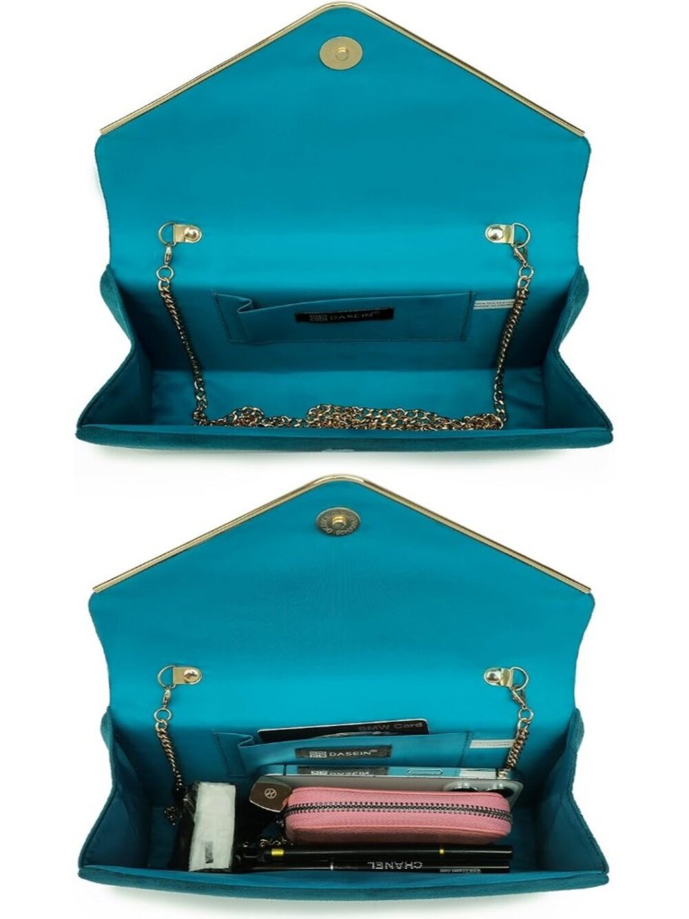 Women's Teal Faux Suede Clutch Purse Golden Chain Strap Evening Shoulder Bags - Picture 6 of 6